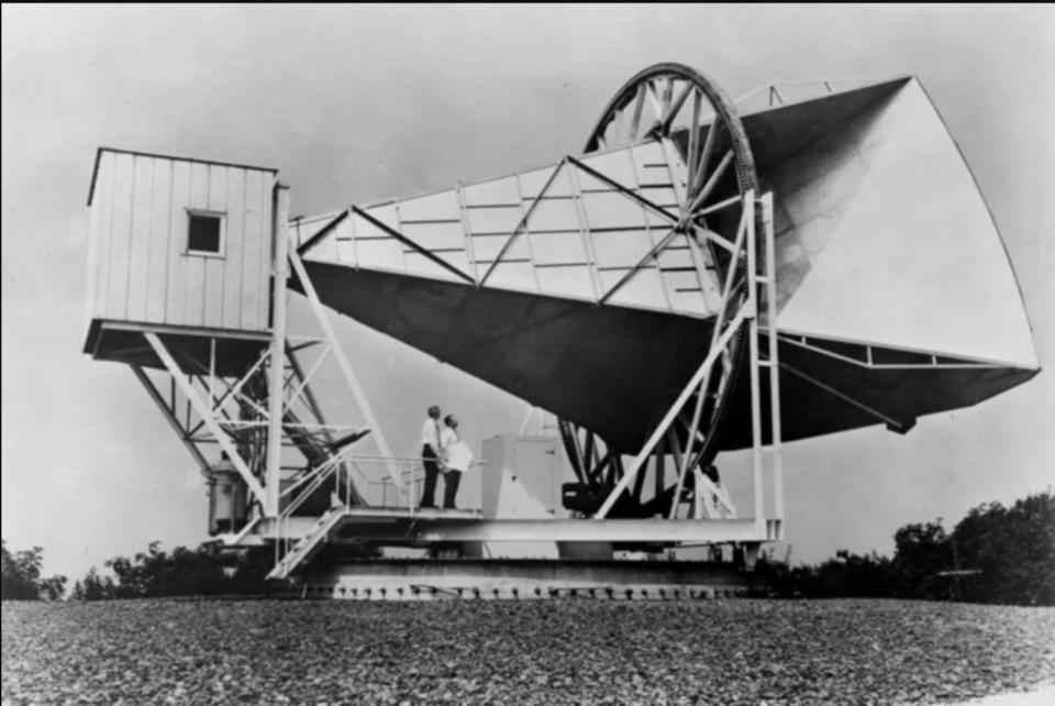 The Horn reflector antenna, shown here in June 1962, at Bell Telephone Laboratories in Holmdel, New Jersey, was built in 1959 for pioneering work in communication satellites for the NASA ECHO I. <cite>NASA</cite>