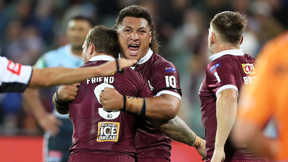 Queensland forward Josh Papalii celebrates his side's win in State of Origin I.