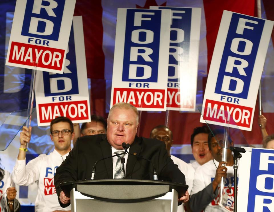 Toronto Mayor Rob Ford addresses supporters on the podium during his campaign launch party in Toronto, April 17, 2014. Ford is seeking re-election in the Toronto municipal election, set for October 27, 2014.