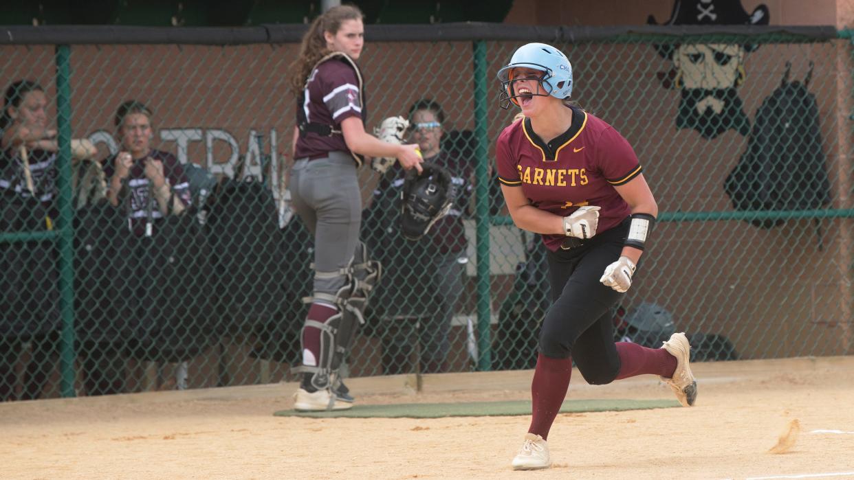 Haddon Heights' Maddy Clark reacts after hitting a 2-run home run during the South Jersey Group 2 softball championship game between Haddon Heights and Cedar Creek played at Cedar Creek High School on Thursday, May 26, 2022.  Haddon Heights defeated Cedar Creek, 8-0.