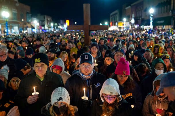 PHOTO: A large group gathers for a vigil in downtown Oxford, Mich., Dec. 3, 2021, after an active shooter situation at Oxford High School left four students dead and others with injuries. (Ryan Garza/USA Today Network, FILE)