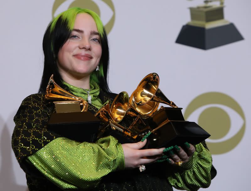 62nd Grammy Awards – Photo Room – Los Angeles, California, U.S., January 26, 2020 - Billie Eilish poses backstage with her awards