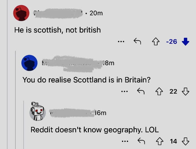 Screenshot of a social media exchange with comments on national identity, with some users corrected and others expressing offense