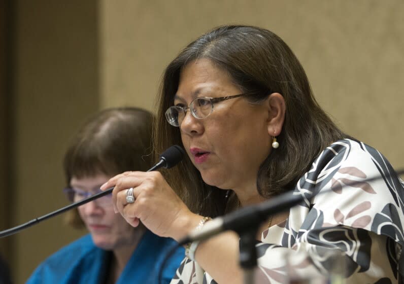 California Controller Betty Yee, chairwoman of the California Lands Commission, discusses the closure of the Diablo Canyon Nuclear Power, Tuesday, June 28, 2016, in Sacramento, Calif. Yee and other members of the commission were considering waiving an environmental review before renewing a contract with the plant's owners, PG&E, after an agreement was reached with environmental groups to close the Diablo Canyon facility by 2025, nine years earlier than previously planned. (AP Photo/Rich Pedroncelli)