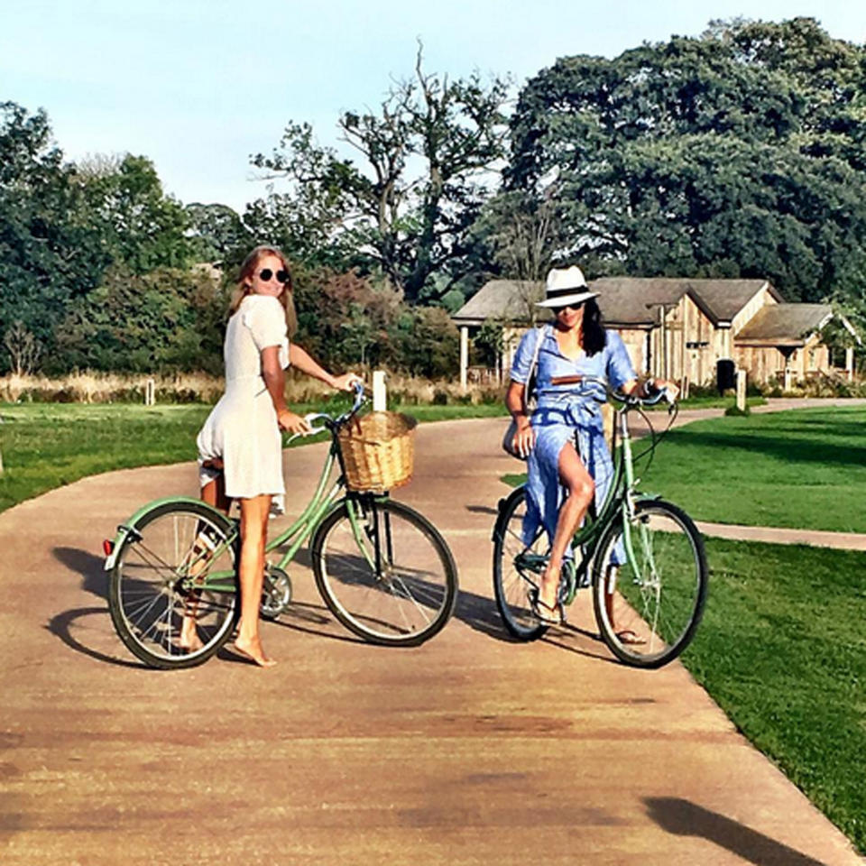 <p>A stylish and practical panama hat is one of Meghan Markle's favorite sun-blocking accessories. She's been seen rocking it while on vacation in Madrid, Positano and even Oxford, England while hanging and riding bikes with British reality star Millie Mackintosh at the Soho Farmhouse.</p>