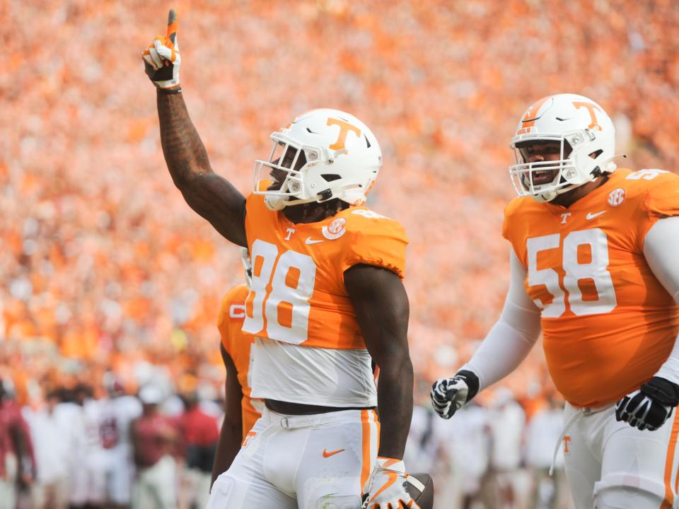 Tennessee tight end Princeton Fant (88) celebrates a touchdown reception during a game between Tennessee and Alabama in Neyland Stadium, on Saturday, Oct. 15, 2022.
