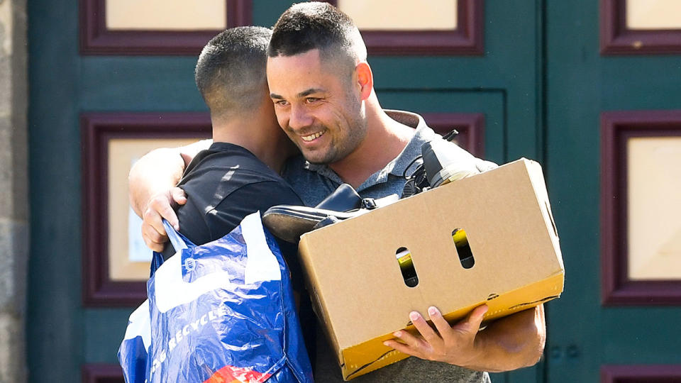 Seen here, Jarryd Hayne hugs a friend after being released from jail in February, 2022. 