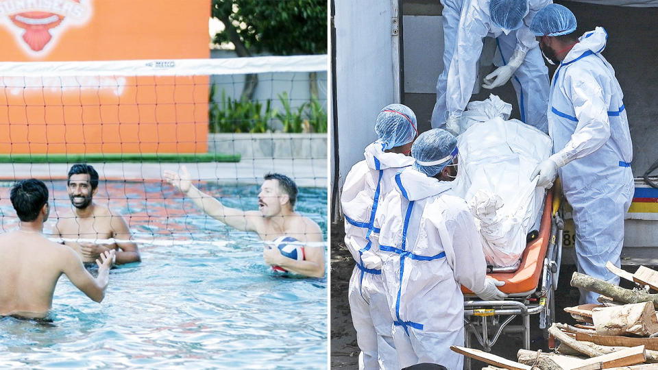 David Warner and his IPL counterparts, pictured here in the IPL biosecurity bubble.