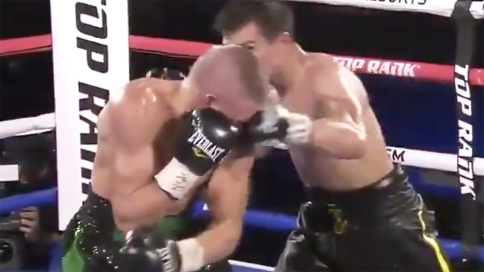 Jose Zepeda is pictured landing the punch which knocked out Ivan Baranchyk.