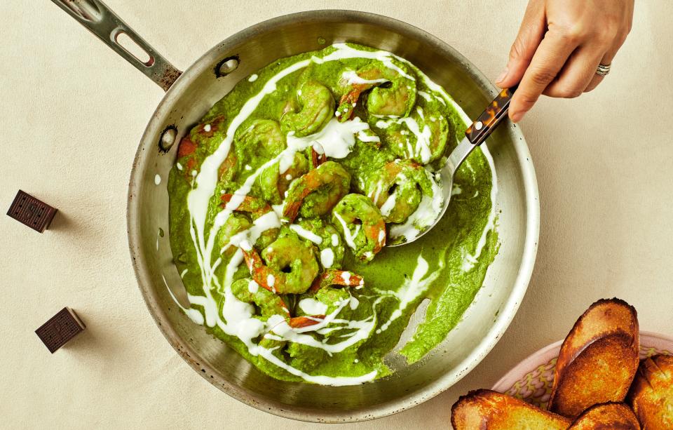 You'll pour this quick blender sauce—made with cilantro, scallions, jalapeño, garlic, extra-virgin olive oil, and lemon—over the shrimp after you've pulled them off the heat. <a href="https://www.epicurious.com/recipes/food/views/ba-syn-shrimp-green-sauce?mbid=synd_yahoo_rss" rel="nofollow noopener" target="_blank" data-ylk="slk:See recipe.;elm:context_link;itc:0" class="link ">See recipe.</a>