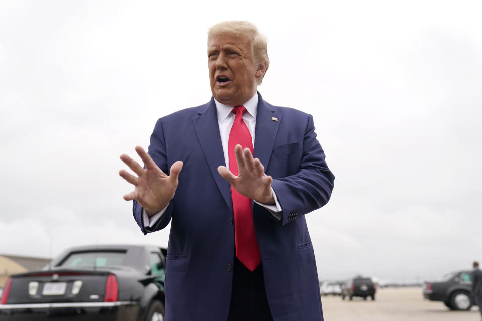 President Donald Trump speaks to the media before boarding Air Force One for a trip to Kenosha, Wis., Tuesday, Sept. 1, 2020, in Andrews Air Force Base, Md. (AP Photo/Evan Vucci)