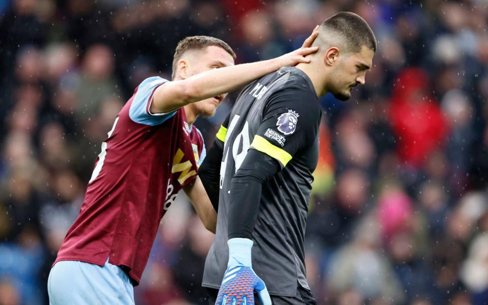 Burnley goalkeeper Arijanet Muric (right) reacts after conceding an own goal, Brighton and Hove Albion's first of the game during the Premier League match at Turf Moor, Burnley