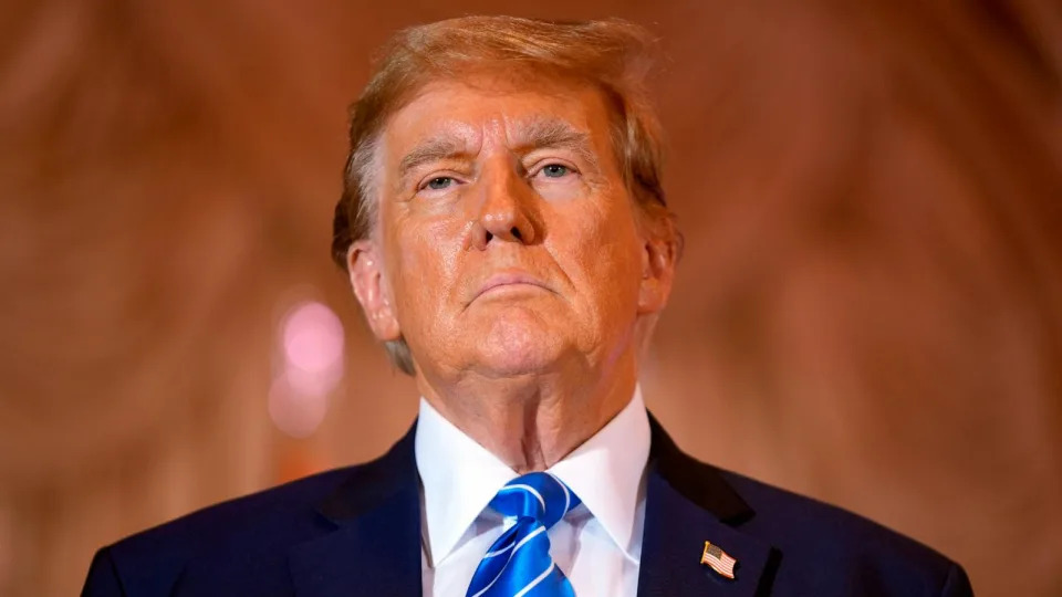 PHOTO: Republican presidential candidate former President Donald Trump arrives to speak at a Super Tuesday election night party, Mar. 5, 2024, at Mar-a-Lago in Palm Beach, Fla. (Evan Vucci/AP)