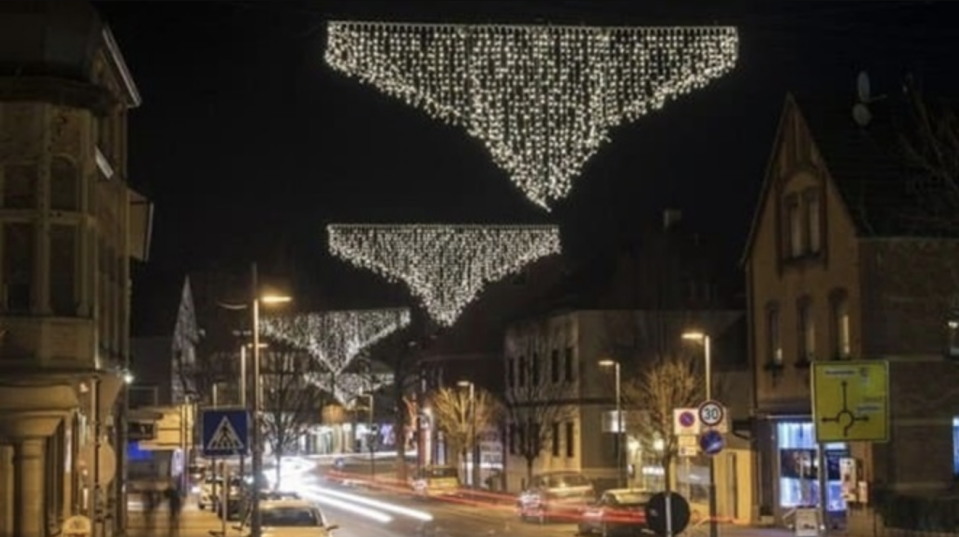 City street Xmas lights that look like bikini briefs