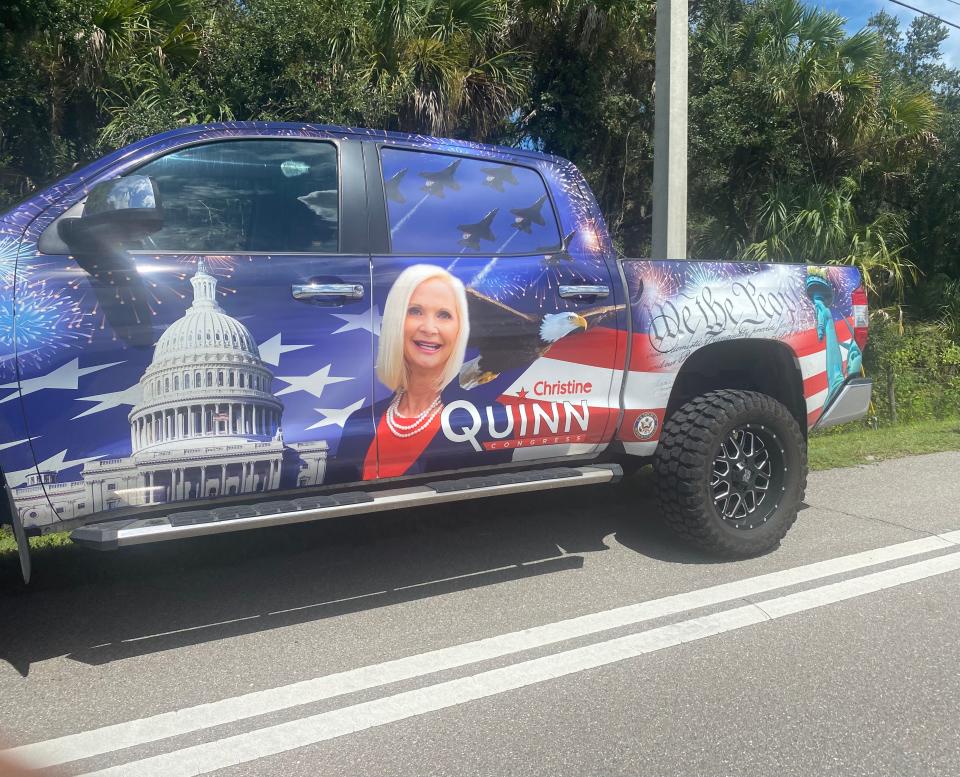 During the search for Brian Laundrie at the Carlton Reserve on Sept. 22, former congressional candidate Christine Quinn drove past TV camera crews numerous times in her decked-out pickup truck with her face and name on the side.