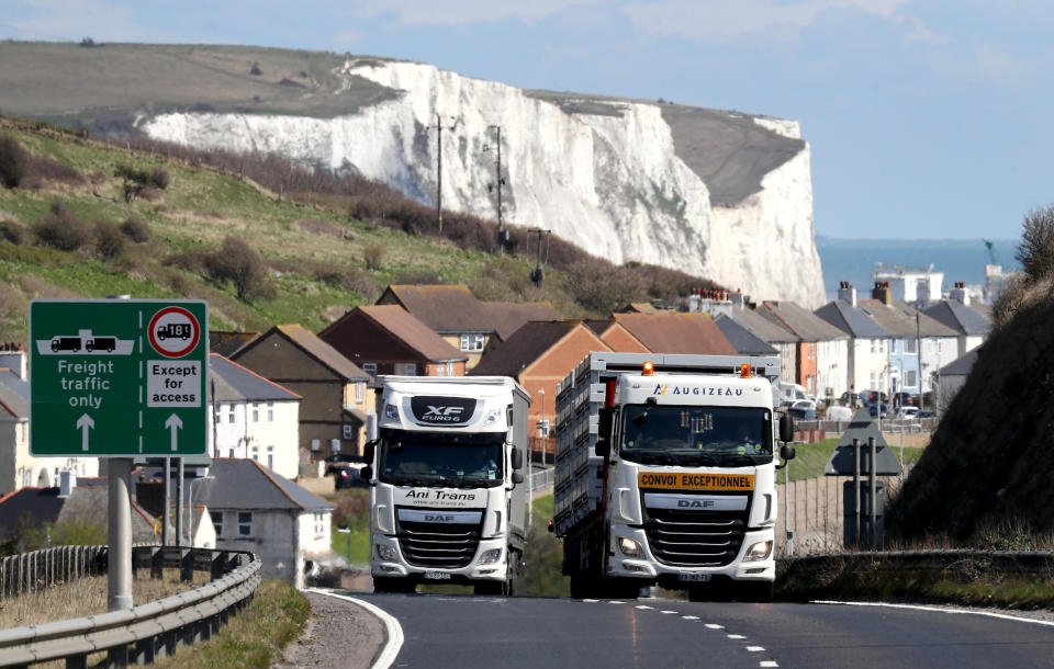 Lorries driving on the A20 in Kent after arriving at Dover