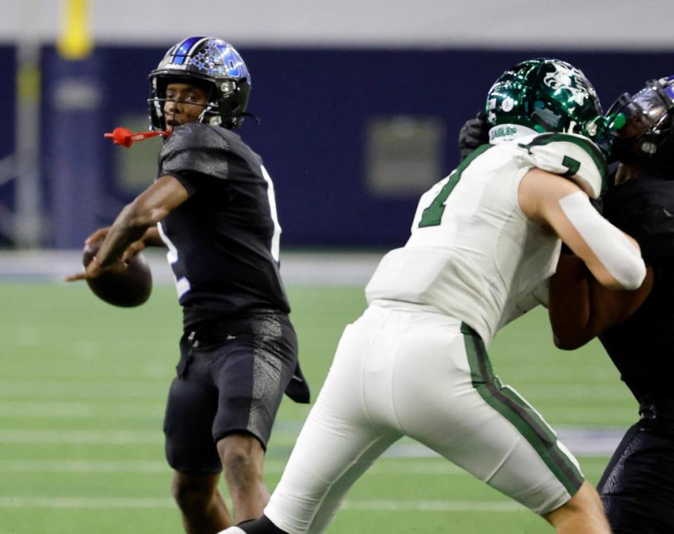 Chris Jimerson (12), quarterback of North Crowley and 2023 Fort Worth area player of the year, throws a ball deep into the field.