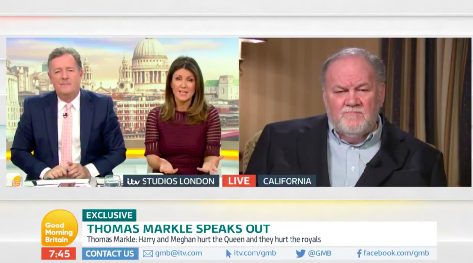 Mr Markle, right, was interviewed by Piers Morgan and Susanna Reid (Picture: GMB/ITV)