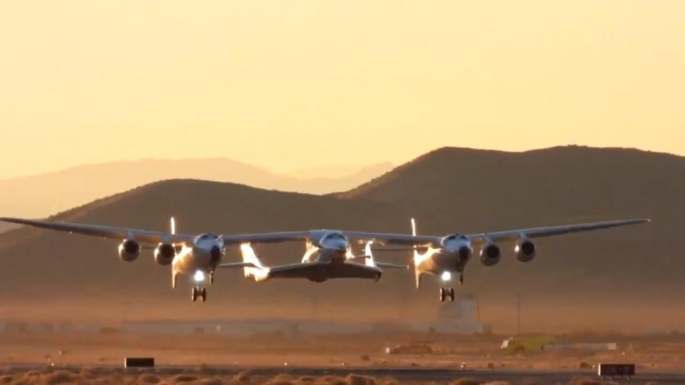 Virgin Galactic's WhiteKnightTwo carrier plane takes off with the SpaceShipTwo VSS Unity from Mojave Air and Space Port ahead of the fourth powered test flight of the passenger space plane on Dec. 13, 2018. <cite>Virgin Galactic</cite>