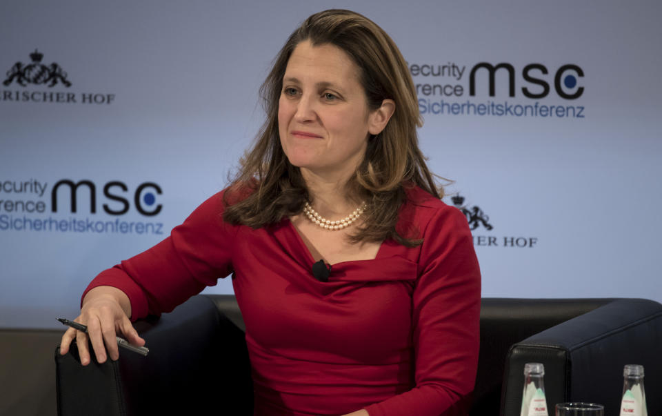 In this photo taken Friday Feb. 15, 2019, Canada's Foreign Minister Chrystia Freeland attends a meeting during the Munich Security Conference in Munich, Germany. (Sven Hoppe/dpa via AP)