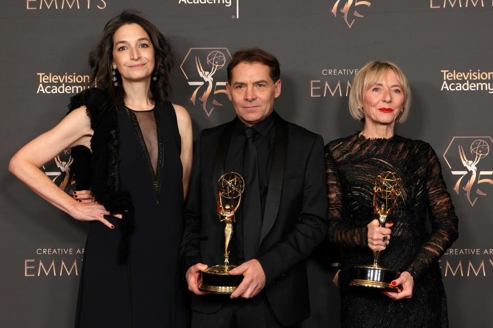 From left to right: Meredith Tucker, Fracesco Vedovati and Barbara Giordani pose with the Outstanding Casting for a Drama Series award during the 2024 Creative Arts Emmys at Peacock Theater on January 6 in Los Angeles, California.