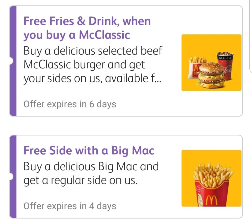 A screenshot of the discount coupons on the MyMaccas app.