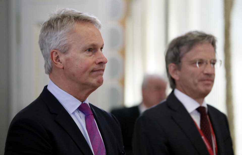 Gary Pruitt, President and CEO of the Associated Press, left, and Fabrice Fries, Chairman and Chief Executive Officer of Agency France Press wait for a meeting Russian President Vladimir Putin with heads of world's leading news agencies at the St. Petersburg International Economic Forum in St. Petersburg, Russia, Thursday, June 6, 2019. (Yuri Kochetkov/Pool Photo via AP)