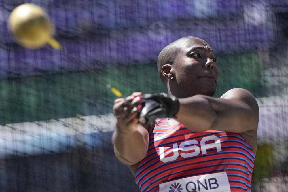 Annette Nneka Echikunwoke, of the United States, competes in the hammer throw at the World Athletics Championships Friday, July 15, 2022, in Eugene, Ore. (AP Photo/David J. Phillip)