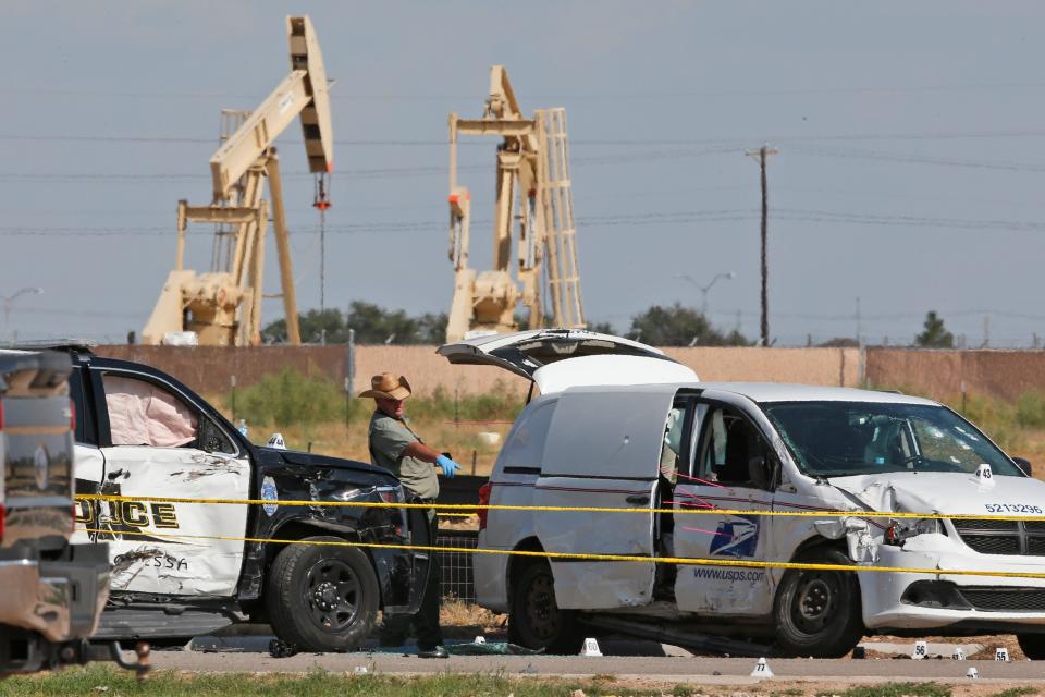 The hijacked U.S. Postal Service vehicle in which the 36-year-old shooter was killed on Aug. 31, 2019, after being chased by officers from neighboring cities Midland and Odessa, Texas.