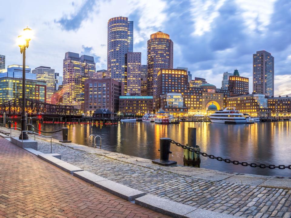 Panoramic view of Boston in Massachusetts at sunset showcasing the historic architecture of Back Bay in the summer.