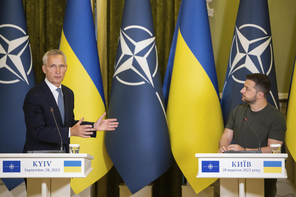 NATO Secretary General Jens Stoltenberg, left, and Ukrainian President Volodymyr Zelenskyy attend their press conference in Kyiv, Ukraine, Thursday, Sept. 28, 2023. (Ukrainian Presidential Press Office via AP)