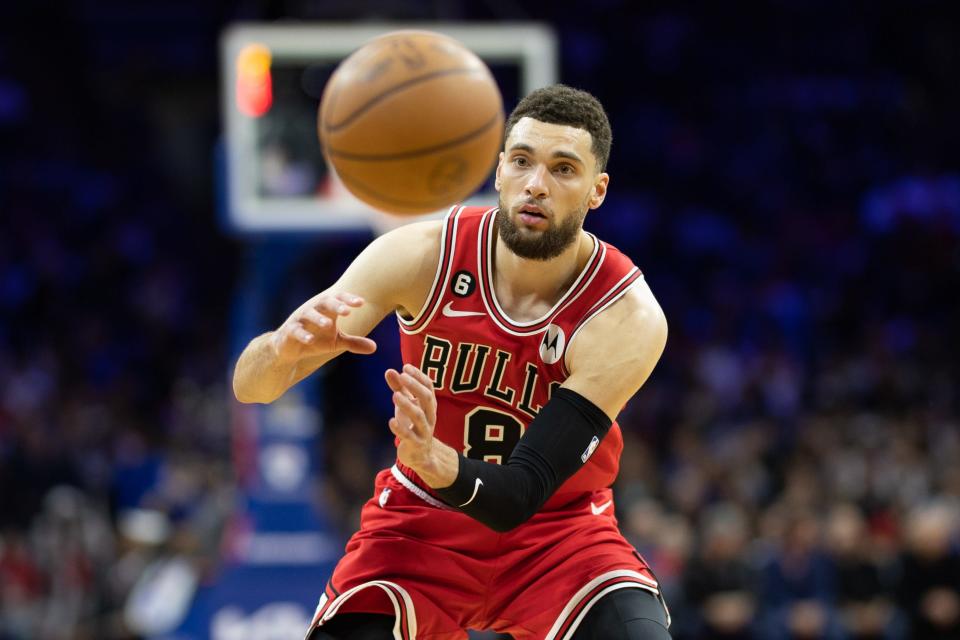 Mar 20, 2023; Philadelphia, Pennsylvania, USA; Chicago Bulls guard Zach LaVine (8) receives a pass against the Philadelphia 76ers during the third quarter at Wells Fargo Center. Mandatory Credit: Bill Streicher-USA TODAY Sports