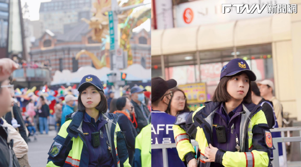 一名短髮女警認真執勤的模樣被拍了下來，甜美外型引起網友歪樓。（圖／翻攝臉書台北波麗士）