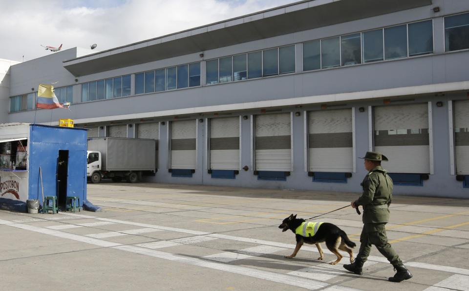 Handler Jose Rojas and drug dog Sombra patrol outside the cargo hold of El Dorado airport in Bogota, Colombia, Thursday, July 26, 2018. As the six-year-old German shepherd sniffs her way toward record cocaine interdictions, she has also become the latest target of Colombia’s most powerful drug gang. “Her sense of smell is far beyond that of other dogs,” Rojas said. (AP Photo/Fernando Vergara)