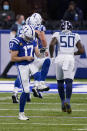Indianapolis Colts quarterback Philip Rivers (17) celebrates touchdown throw against the Tennessee Titans in the first half of an NFL football game in Indianapolis, Sunday, Nov. 29, 2020. (AP Photo/Darron Cummings)