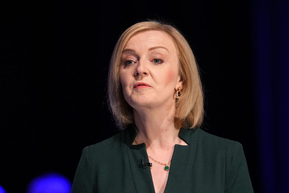 Liz Truss speaks at a Conservative Party leadership hustings on Aug. 5 in Eastbourne, England.