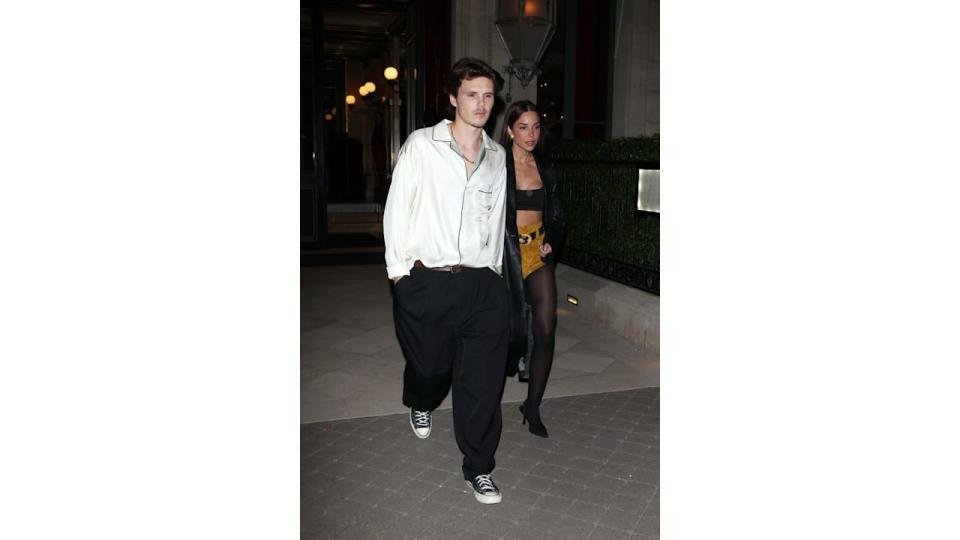 Jackie Apostel and Cruz Beckham leaving their hotel during the Paris Fashion Week on September 28, 2024 in Paris, France.