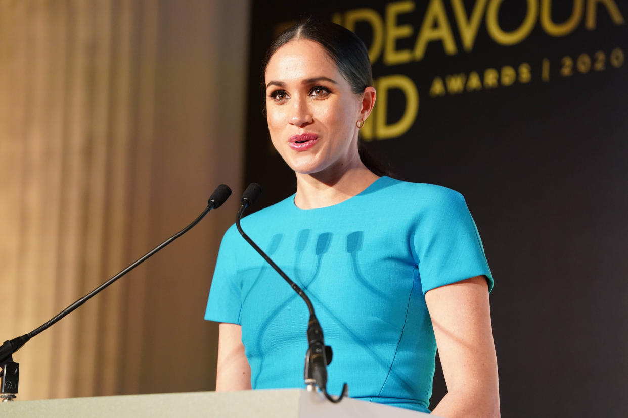 Britain's Meghan, Duchess of Sussex delivers a speech during the Endeavour Fund Awards at Mansion House in London on March 5, 2020. - The Endeavour Fund helps servicemen and women have the opportunity to rediscover their self-belief and fighting spirit through physical challenges. (Photo by Paul Edwards / POOL / AFP) (Photo by PAUL EDWARDS/POOL/AFP via Getty Images)