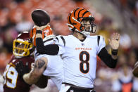 Cincinnati Bengals quarterback Brandon Allen (8) throws a pass during the first half of the team's preseason NFL football game against the Washington Football Team, Friday, Aug. 20, 2021, in Landover, Md. (AP Photo/Nick Wass)