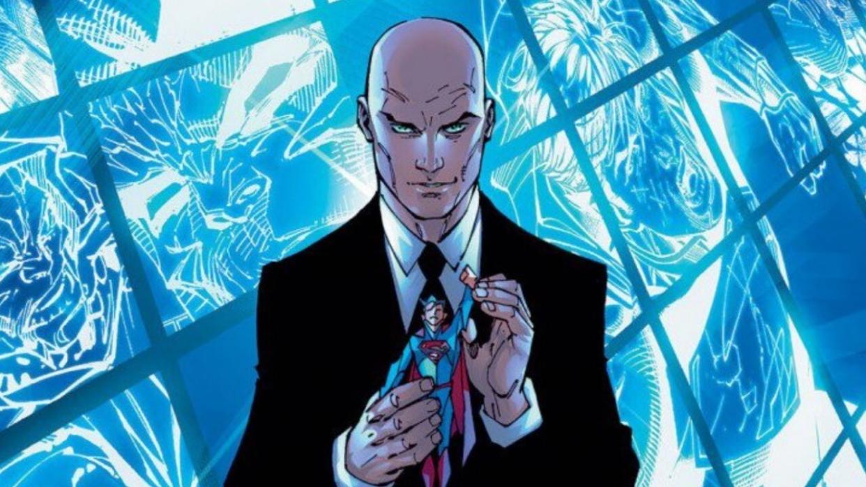  DC Comics artwork of Lex Luthor holding Superman action figure. 