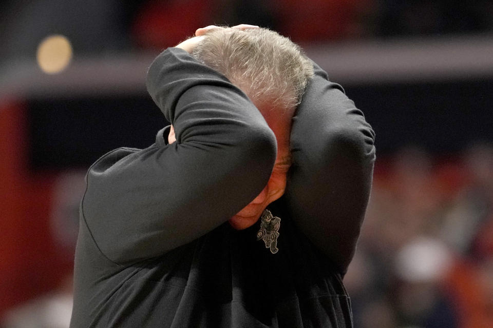 Michigan State coach Tom Izzo reacts after a player missed a 3-point shot against Illinois during the second half of an NCAA college basketball game Thursday, Jan. 11, 2024, in Champaign, Ill. (AP Photo/Charles Rex Arbogast)