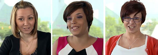 This frame grab combo from a July 2, 2013 video courtesy of Hennes Paynter Communications shows (R-L) Amanda Berry, Michelle Knight, and Gina de Jesus as they speak at the law offices of Jones Day in Cleveland, Ohio. Credit: AFP PHOTO /HENNES PAYNTER COMMUNICATIONS