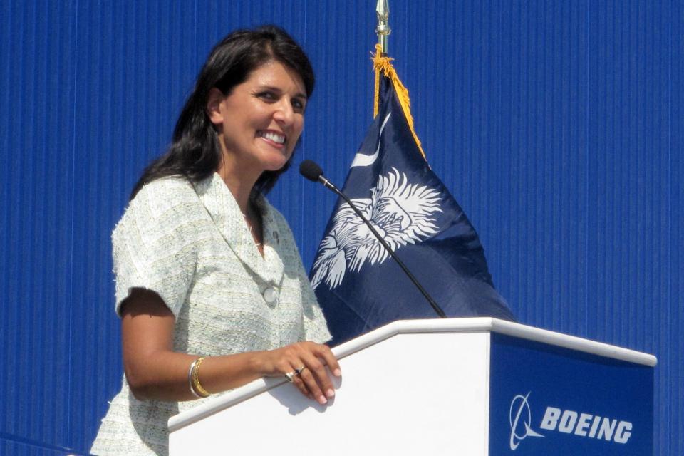 South Carolina Gov. Nikki Haley speaks during the dedication of Boeing Co.'s $750 million final assembly plant in North Charleston, S.C. on Friday, June 10, 2011.     Haley and state officials have joined hundreds of Boeing workers in North Charleston to cut the ribbon opening the company's 787 jetliner assembly plant at the center of a National Labor Relations Board dispute.