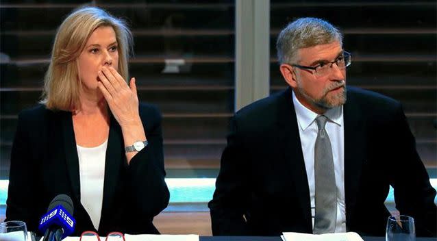 Chief Executive Officer (CEO) Deborah Thomas (L) of Australia's Ardent Leisure Group, the owner of the amusement park Dreamworld where four people were killed on a water ride this week, reacts as she sits with company Director George Venardos after the company's annual general meeting (AGM) in Sydney on Thursday. Photo: Reuters