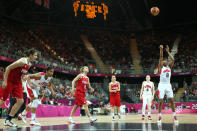 LONDON, ENGLAND - AUGUST 01: Angel McCaughtry #8 of United States shoots a free throw in the Women's Basketball Preliminary Round match between the United States and Turkey on Day 5 of the London 2012 Olympic Games at Basketball Arena on August 1, 2012 in London, England. (Photo by Christian Petersen/Getty Images)