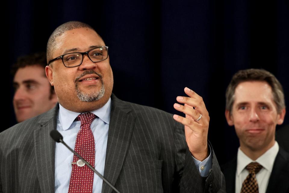 Alvin Bragg and Matthew Colangelo, right, speak to reporters in Manhattan on May 30. They are set to testify to Congress a day after Donald Trump is sentenced in his New York hush money case. (REUTERS)