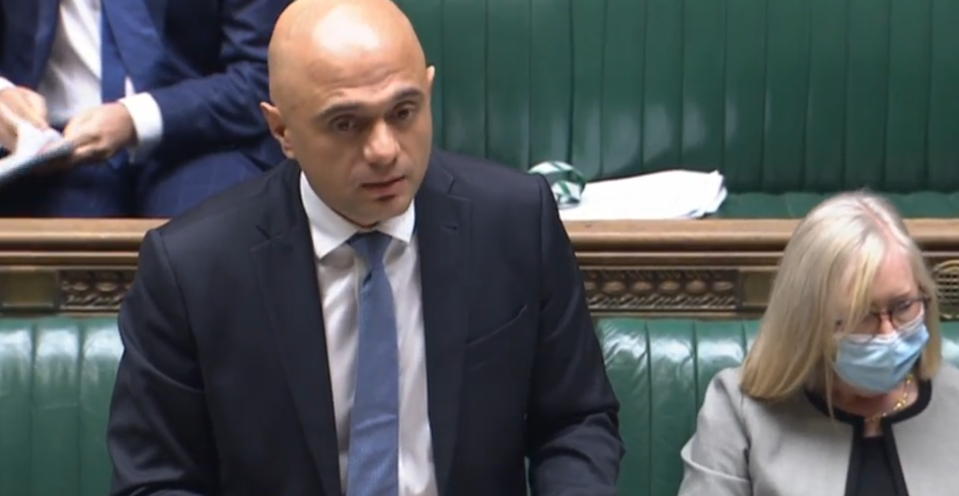 Health Secretary Sajid Javid, pictured speaking in the Commons on Friday, gave an update on the new COVID variant. (ParliamentTV)