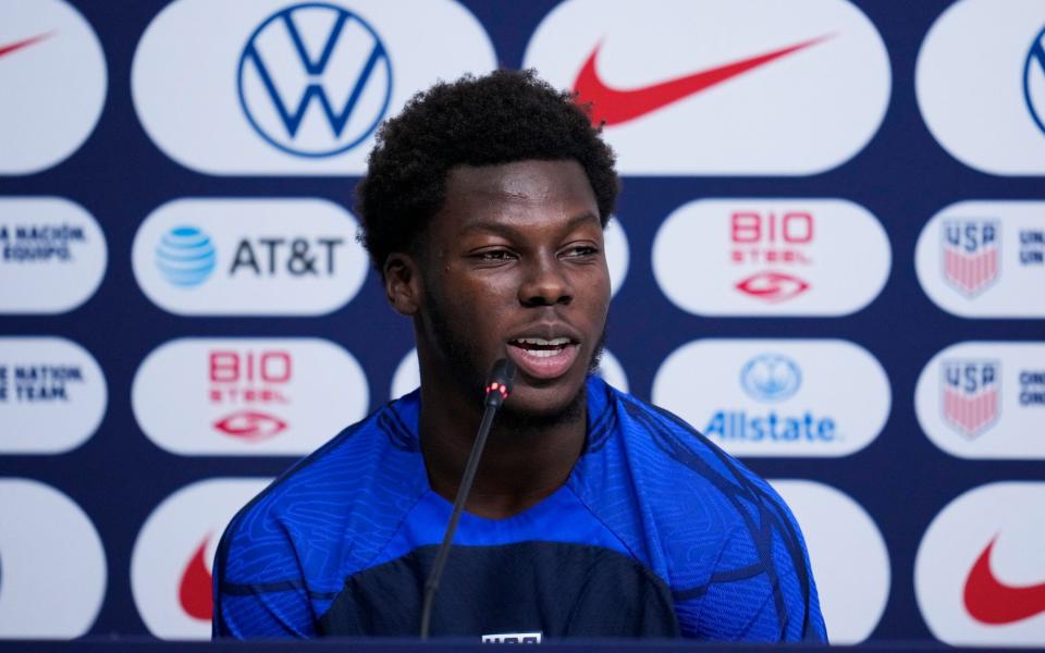 Yunus Musah of the United States attends a press conference before a closed United States team practice at Ahmad bin Ali Stadium, in Doha, Qatar, Wednesday, Nov. 23, 2022 - AP Photo/Ashley Landis