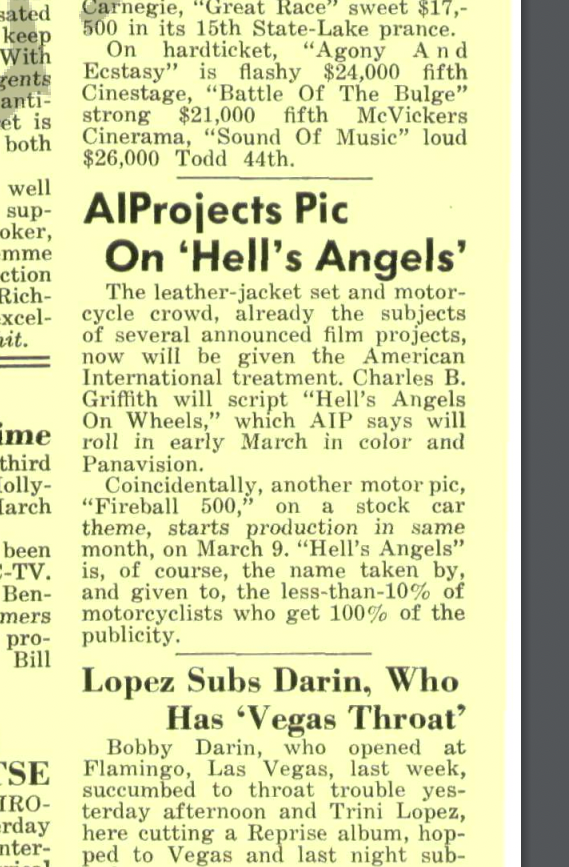 The production start for “Hells Angels on Wheels” was covered in the Jan. 26, 1966, edition of Daily Variety. - Credit: Variety