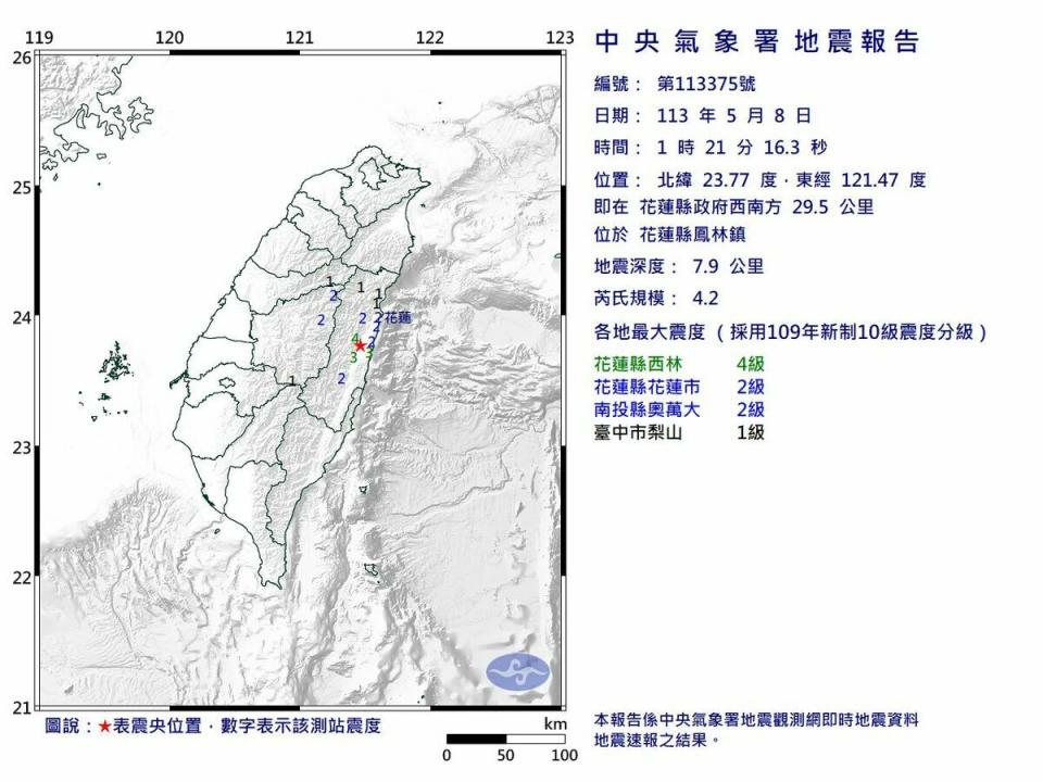 花蓮縣鳳林鎮今天凌晨1點21分發生芮氏規模4.2地震，最大震度4級。   圖：氣象署提供